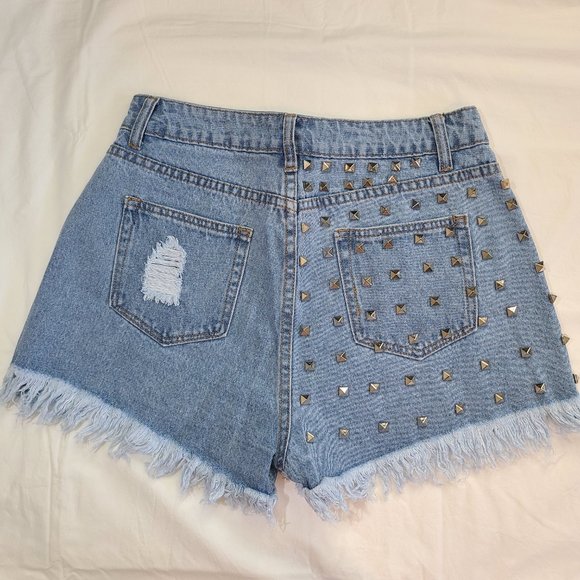 Silver Studded High Waisted Festival Denim Shorts NWOT - Picture 4 of 12